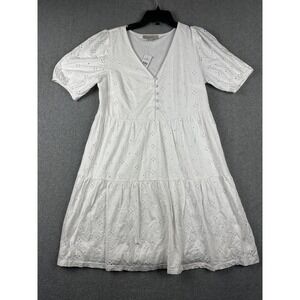 LOFT Dress Womens Small White Eyelet Tiered V Neck Button Front 34502341 NWT